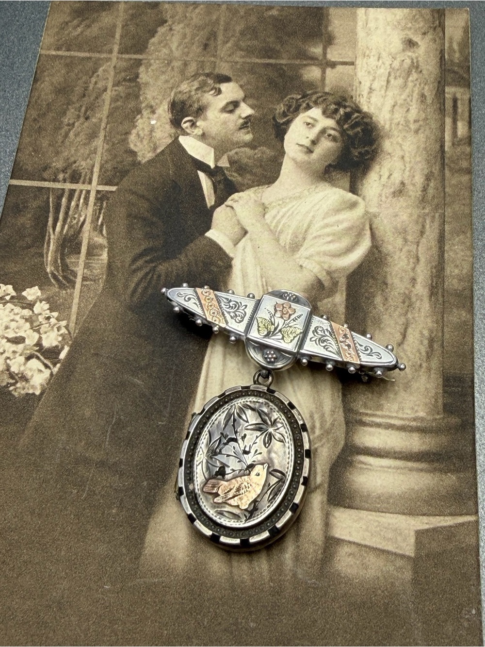 Antique Sterling Locket Brooch with Gold Floral Detail